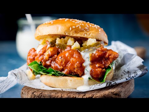 Buffalo Chicken Burgers with Whipped Feta Spread